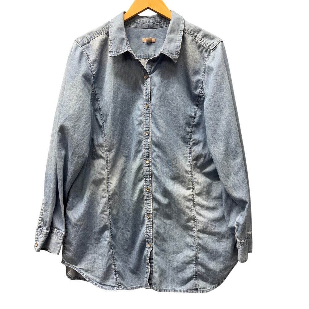 J Jill Blouse Womens XL Blue Chambray Button Up Cotton Coastal Tunic Top Shirt